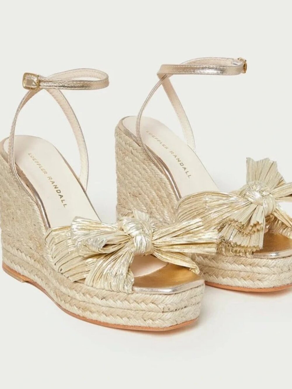 Womens Loeffler Randall Gold Metallic Peri Pleated Espadrille Wedge Heel 7